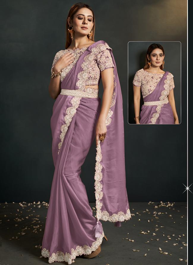 Crepe Silk Lilac Party Wear Embroidery Work Readymade Saree